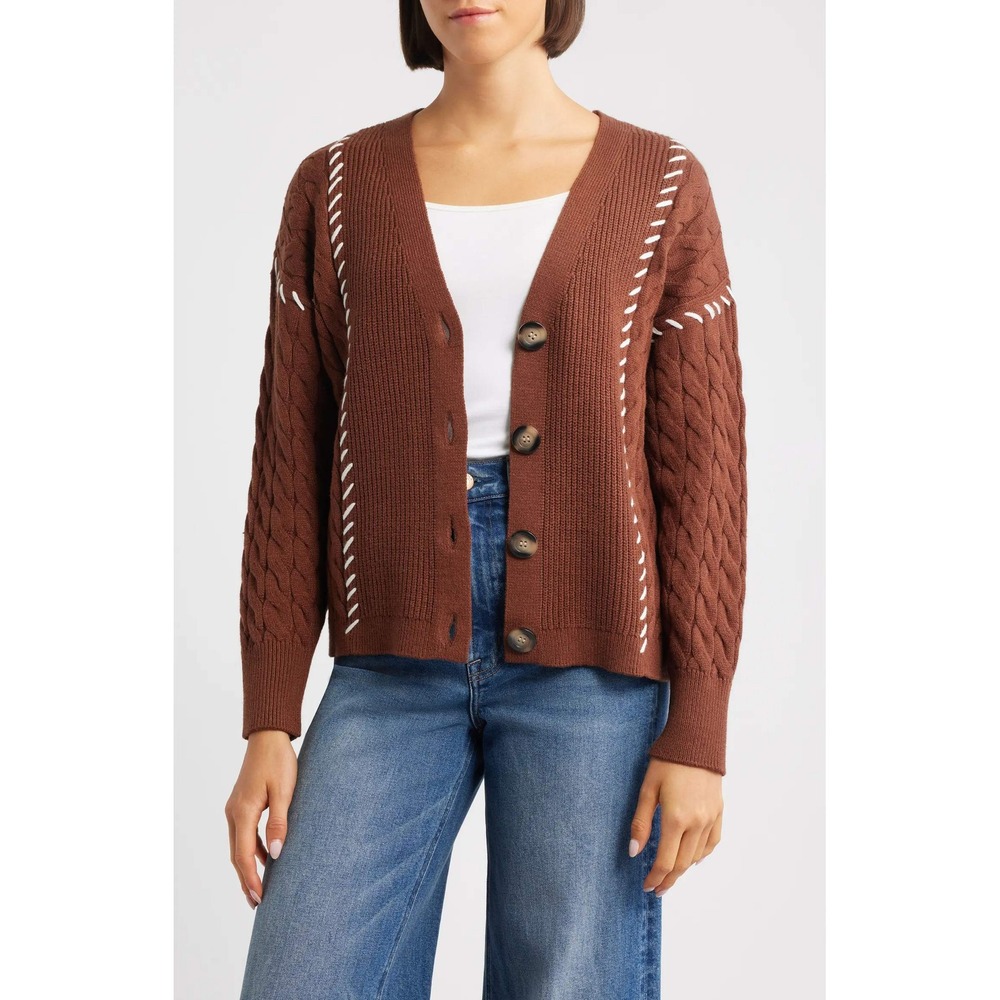 City Blues Women Brown Cable Knit V-Neck Button‎ Front Cardigan Size M